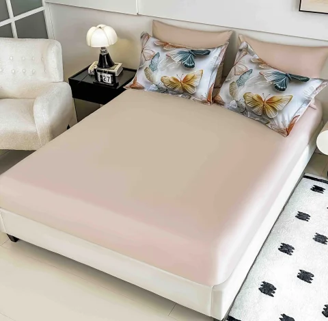 Lenjerie de pat o persoana, imprimeu digital 5D cu elastic 4 piese BEIGE H-101 — imagine 3