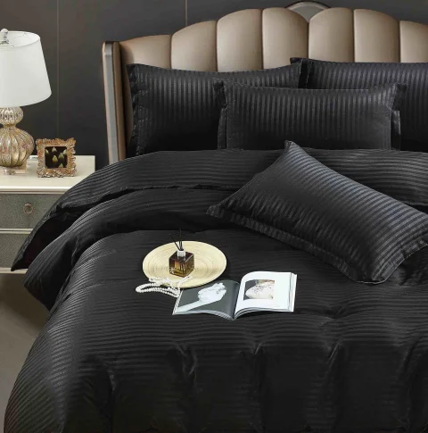 Lenjerie de pat cu ceraceaf normal,  Damasc 6 piese 100 % bumbac NEGRU M-07 — imagine 2