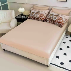 Lenjerie de pat o persoana, imprimeu digital 5D cu elastic 4 piese BEIGE