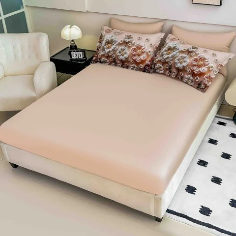 Lenjerie de pat o persoana, imprimeu digital 5D cu elastic 4 piese BEIGE — imagine 2