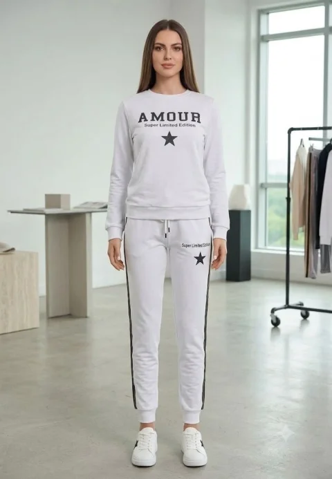Trening damă alb din 2 piese – pantaloni și bluză cu imprimeu Super Limited Edition, 100% bumbac
