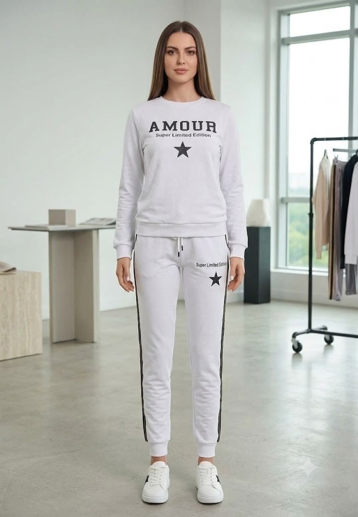 Trening damă alb din 2 piese – pantaloni și bluză cu imprimeu Super Limited Edition, 100% bumbac