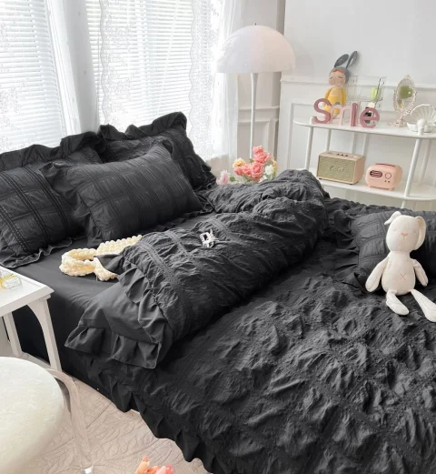 Lenjeri de pat creponata cu patratele din Bumbac Policoton NEGRU P-53 — imagine 2