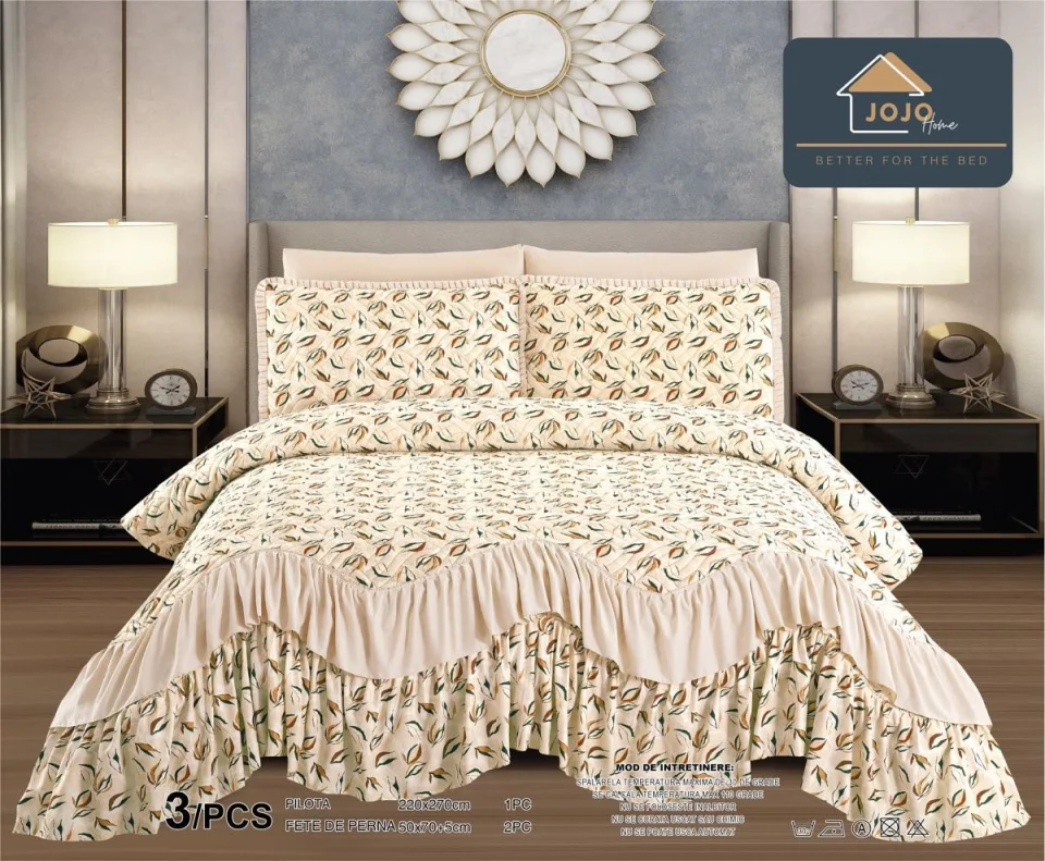 Cuvertura matlasata cu volane-3 piese  BEIGE C14
