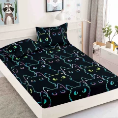 Husa de pat cu elastic pentru pat de 2 persoane NEGRU PISICI