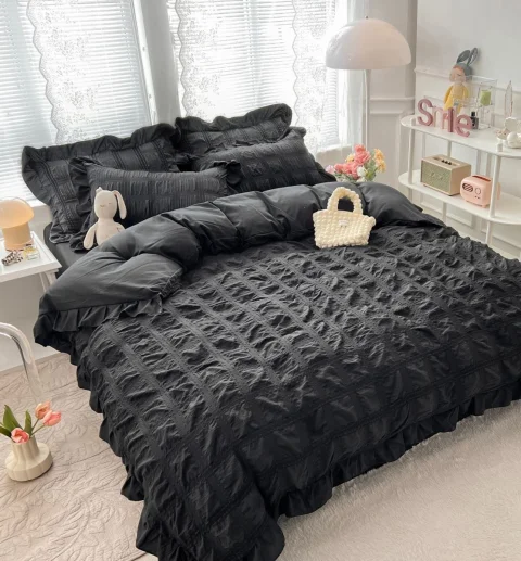 Lenjeri de pat creponata cu patratele din Bumbac Policoton NEGRU P-53 — imagine 1