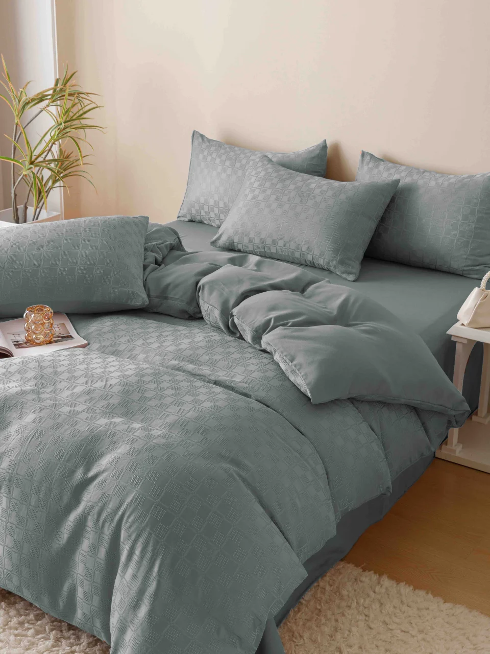 Lenjerie de pat Jacquard finet cu cearceaf normal 6 piese BLUE-JF-15