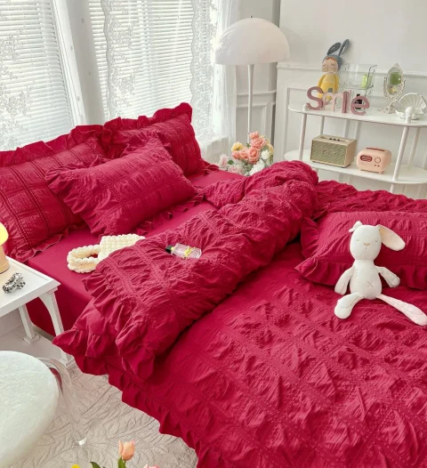 Lenjeri de pat creponata cu patratele din Bumbac Policoton ROSU P-54 — imagine 2