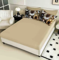 Lenjerie de pat o persoana, imprimeu digital 5D cu elastic 4 piese BEIGE  H-02