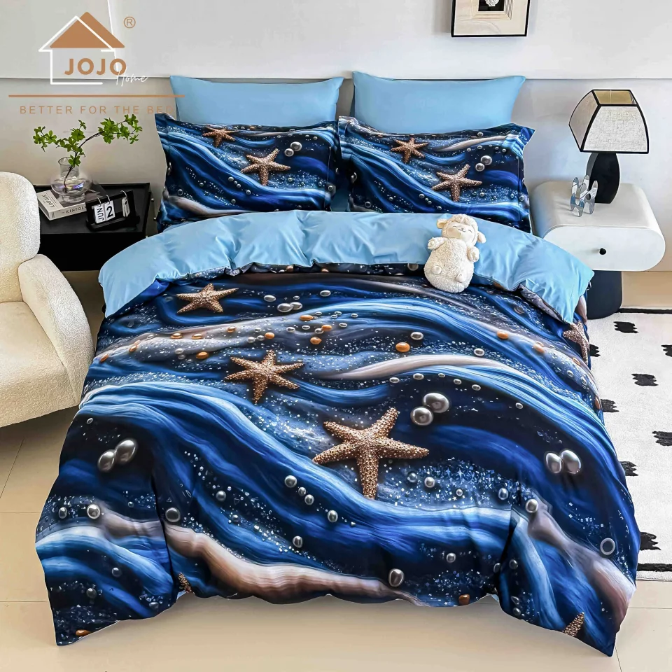 Lenjerie de pat imprimeu digital 5D cu elastic 6 piese –Albastru cu Blue
