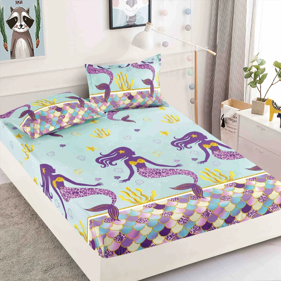 Husa de pat cu elastic pentru pat de 2 persoane MOV cu sirene