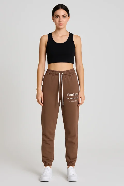 Pantaloni de trening damă maro cu șiret și imprimeu "Feeling"