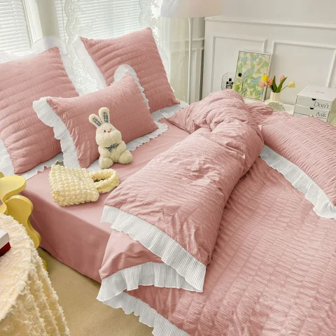 Lenjeri de pat creponata  din Bumbac Policoton ROZ CU ALB-4881 — imagine 2