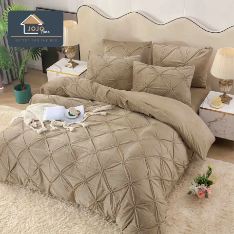 Lenjerie de pat din catifea cu pliuri, 4 piese, pentru pat dublu, culoare BEJ — imagine 2