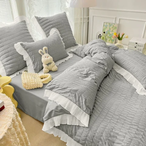 Lenjeri de pat creponata  din Bumbac Policoton GRI CU ALB 4990 — imagine 2