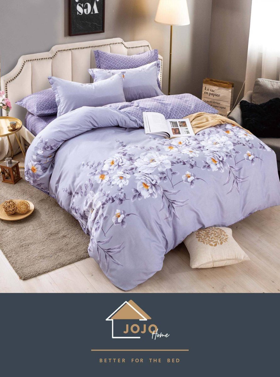 Lenjerie de pat finet cu elastic 6 piese –lila cu flori