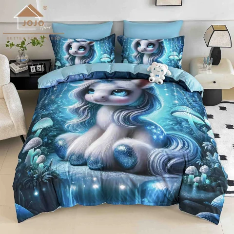 Lenjerie de pat imprimeu digital 5D cu elastic 6 piese –Blue cu unicorn