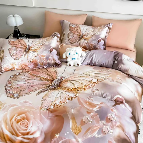 Lenjerie de pat o persoana, imprimeu digital 5D cu elastic 4 piese BEIGE cu fluturi — imagine 2