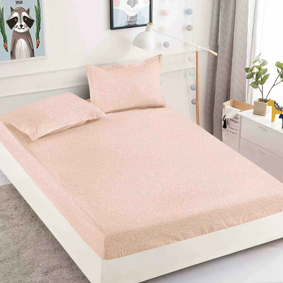 Husa de pat cu elastic pentru pat de 2 persoane ROZ CU FLUTURASI