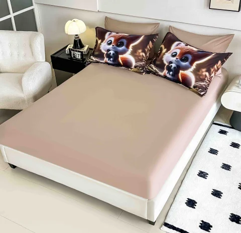 Lenjerie de pat o persoana, imprimeu digital 5D cu elastic 4 piese BEIGE H-200 — imagine 2