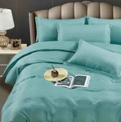 Lenjerie de pat cu ceraceaf normal,  Damasc 6 piese 100 % bumba BLUE-M-03