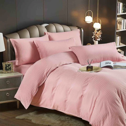 Lenjerie de pat cu elastic,  Damasc 6 piese 100 % bumbac ROZ DESCHIS-1849 — imagine 1