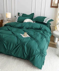 Lenjerie de Pat Dublu din Finet 6 pcs - Inimi Brodate VERDE 814