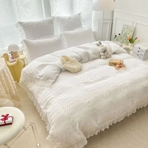 Lenjeri de pat creponata  din Bumbac Policoton ALB-4887 — imagine 1