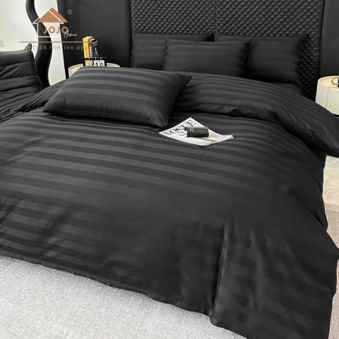 Lenjerie de pat cu elastic,  Damasc 6 piese 100 % bumbac NEGRU DM-121 — imagine 1