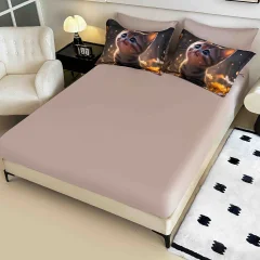 Lenjerie de pat o persoana, imprimeu digital 5D cu elastic 4 piese BEIGE  cu pisica