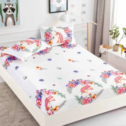 Husa de pat cu elastic pentru pat de 2 persoane ALB-UNICORN