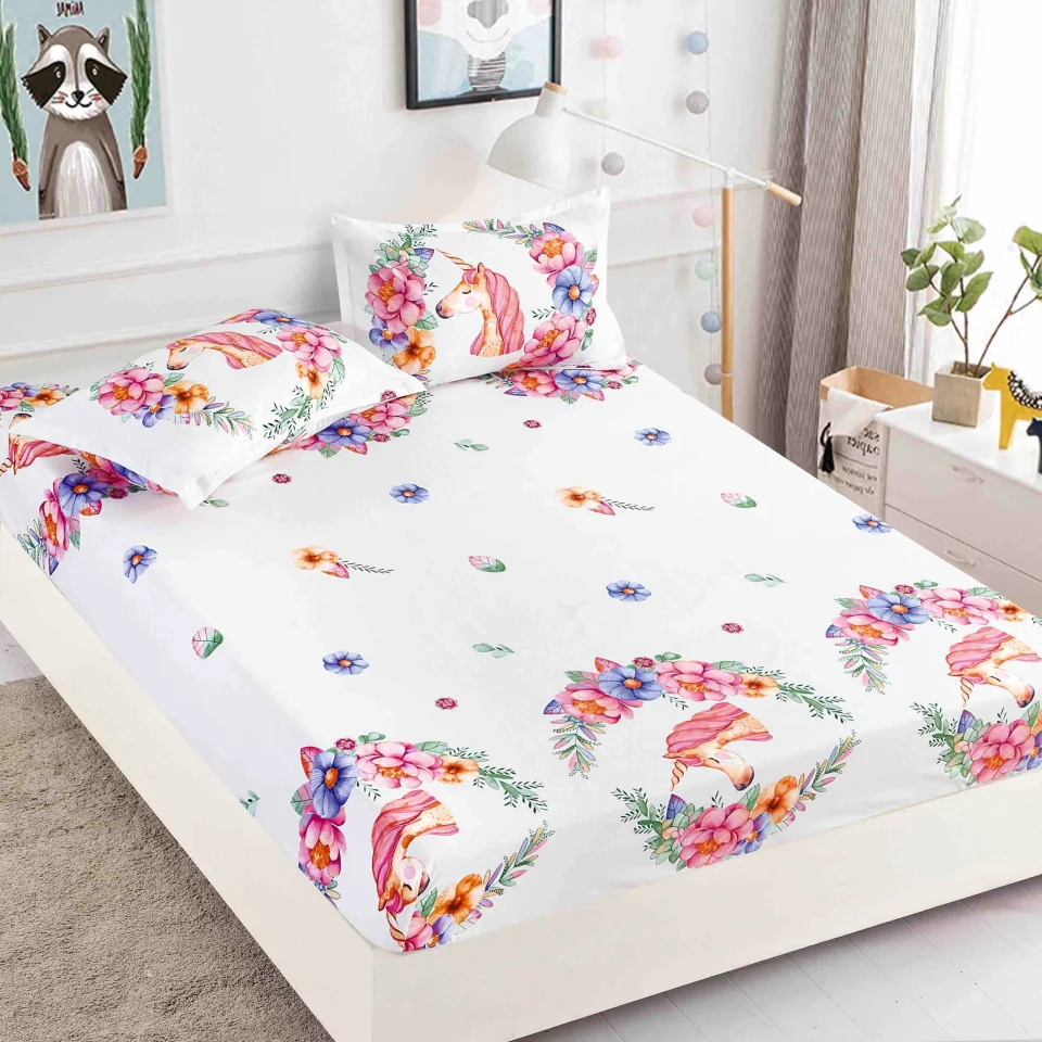 Husa de pat cu elastic pentru pat de 2 persoane ALB-UNICORN