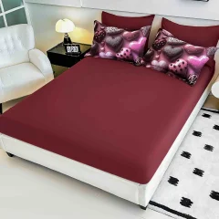 Lenjerie de pat o persoana, imprimeu digital 5D cu elastic 4 piese BORDO