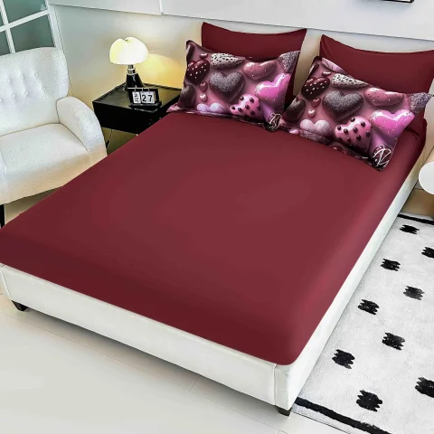 Lenjerie de pat o persoana, imprimeu digital 5D cu elastic 4 piese BORDO — imagine 2