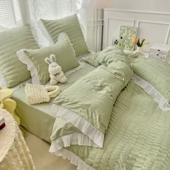 Lenjeri de pat creponata  din Bumbac Policoton VERDE CU ALB-4882