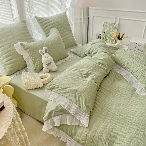 Lenjeri de pat creponata  din Bumbac Policoton VERDE CU ALB-4882 — imagine 2