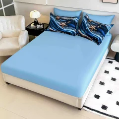 Lenjerie de pat o persoana, imprimeu digital 5D cu elastic 4 piese ALBASTRU H-100