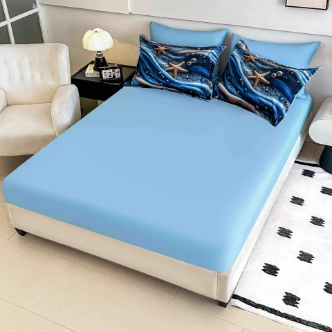Lenjerie de pat o persoana, imprimeu digital 5D cu elastic 4 piese ALBASTRU H-100 — imagine 2