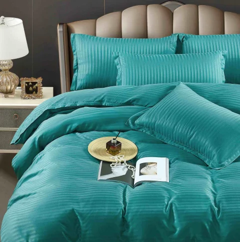 Lenjerie de pat cu ceraceaf normal,  Damasc 6 piese 100 % bumbac ALBASTRU DESCHIS M-04 — imagine 2