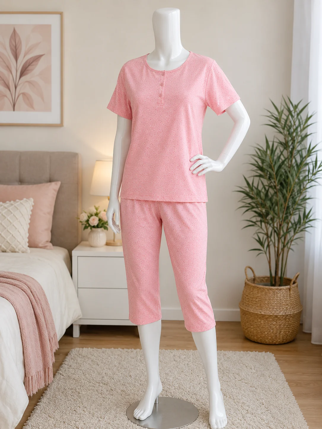 Pijama damă ROZ din bumbac mânecă  scurta și pantaloni 3/4