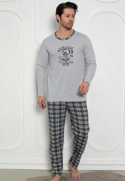 Pijama Bărbat, Mâneci Lungi și Pantaloni Lungi Asortați, Imprimeu Locomotivă, gri