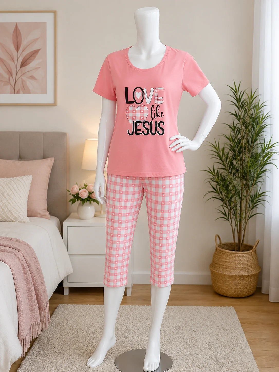 Pijama damă bumbac mărime mare – Set 2 piese: tricou + pantaloni 3/4 imprimeu LOVE LIKE JESUS