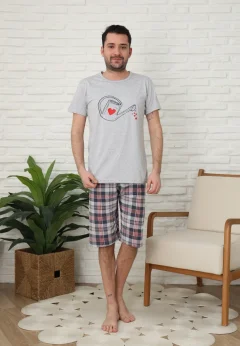 Pijama familie-bărbați, bumbac, mânecă scurtă și pantaloni 3/4 , culoare gri, imrpimeu stropitoare