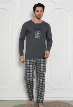 Pijama Bărbat, Mâneci Lungi și Pantaloni Lungi Asortați, Imprimeu locomotiva, gri închis