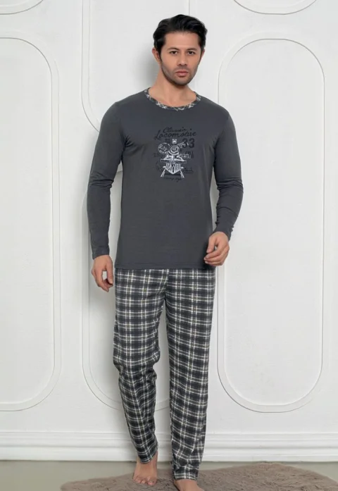 Pijama Bărbat, Mâneci Lungi și Pantaloni Lungi Asortați, Imprimeu locomotiva, gri închis
