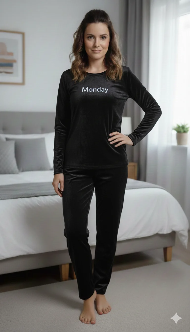 Pijama damă toamnă-iarnă neagră din catifea cu imprimeu „Monday”