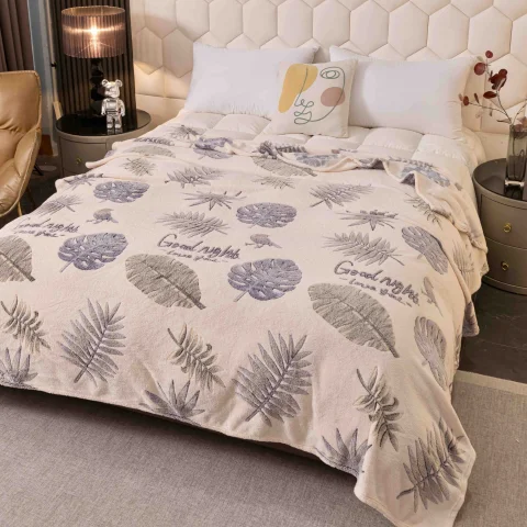 Patura cocolino pufoasa beige cu ferigi PC-2030 — imagine 1