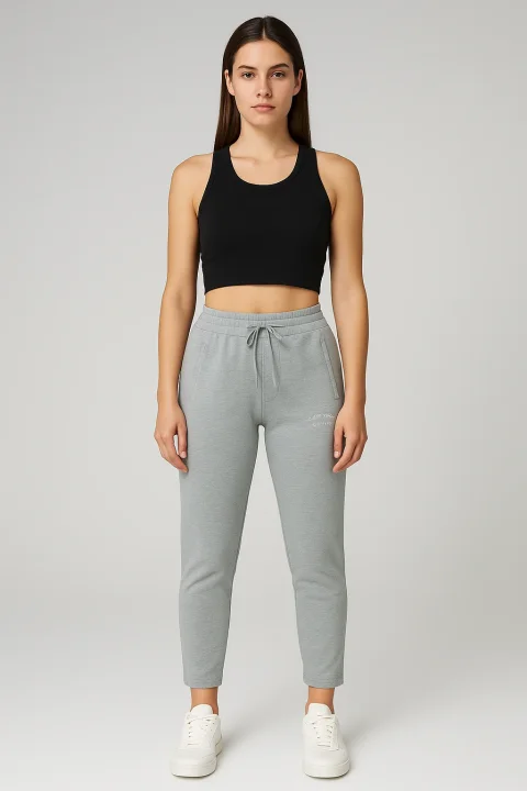 Pantaloni de trening damă gri simpli cu buzunare cu fermoar