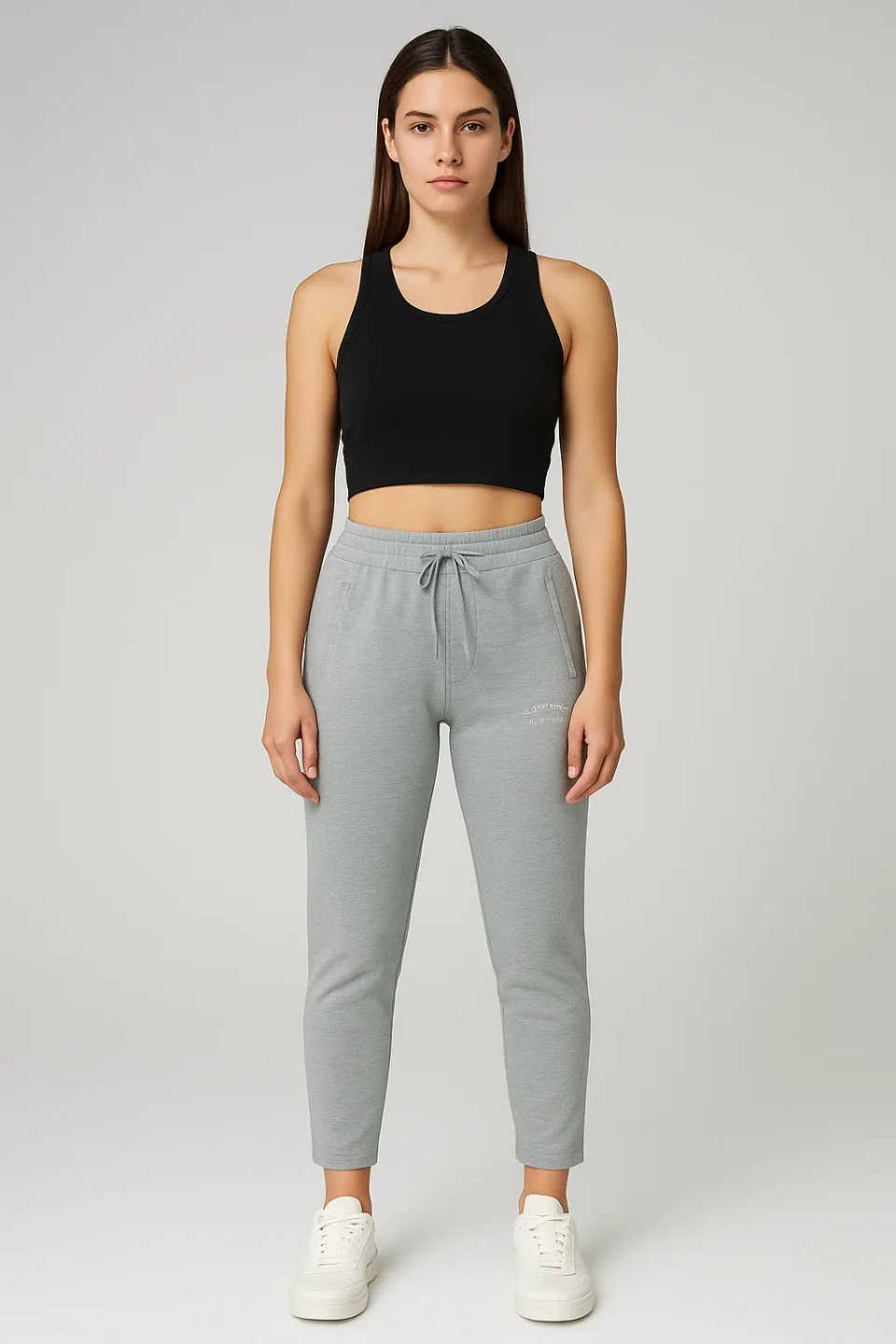 Pantaloni de trening damă gri simpli cu buzunare cu fermoar