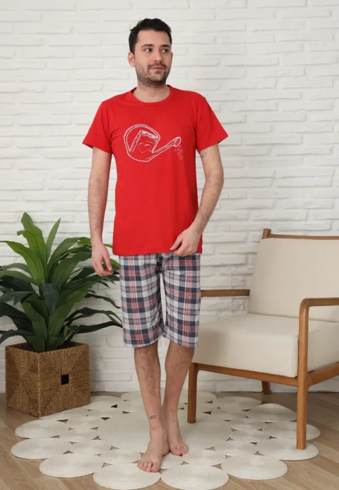 Pijama familie-bărbați, bumbac, mânecă scurtă și pantaloni 3/4 , culoare rosu — imagine 2